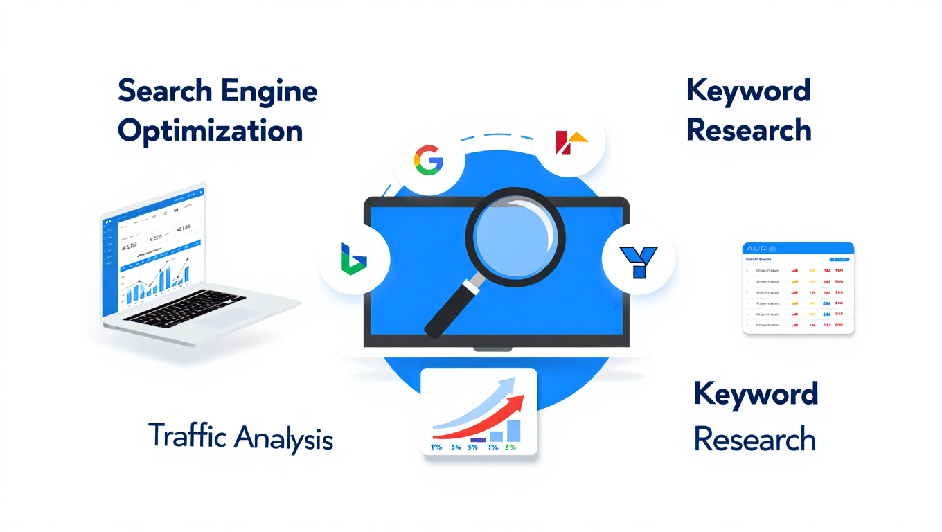 SEO optimization strategy visualization showing search rankings and analytics