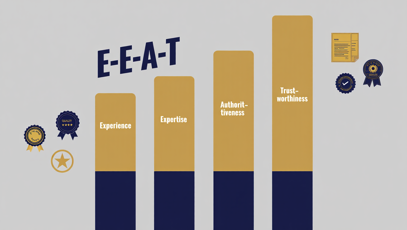 E-E-A-T pillars representing Experience Expertise Authoritativeness Trustworthiness