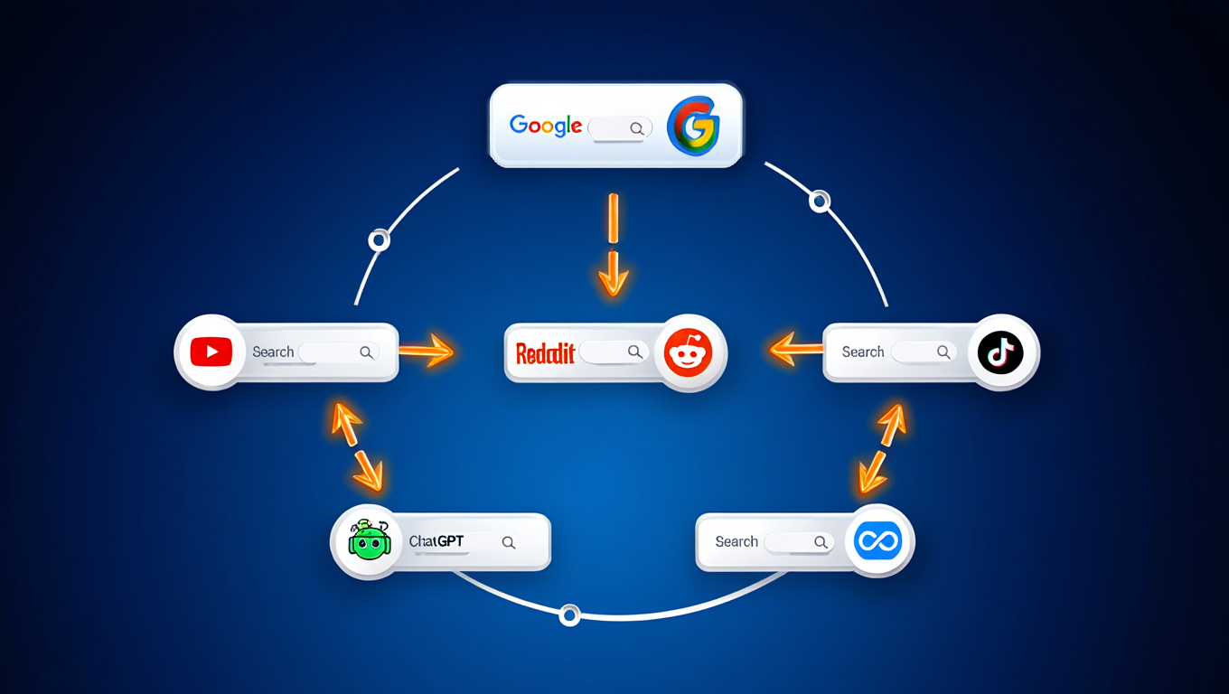 Multi-platform search ecosystem with Google TikTok Reddit and AI connections