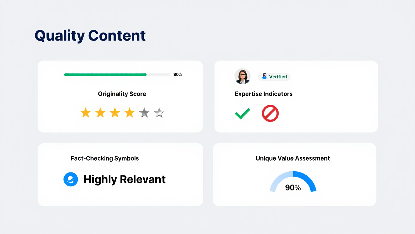 Quality content assessment with originality and expertise indicators
