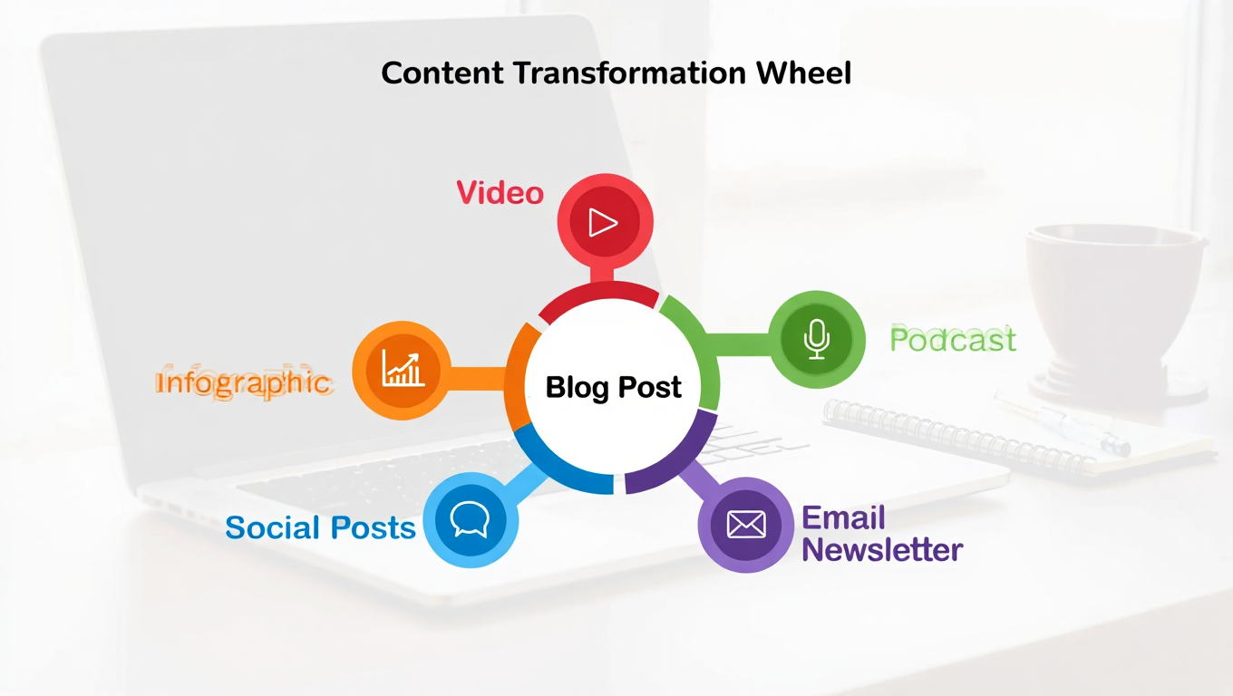 Content transformation wheel showing multiple format conversions