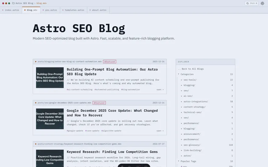 The Blog page under the Dark Tech template