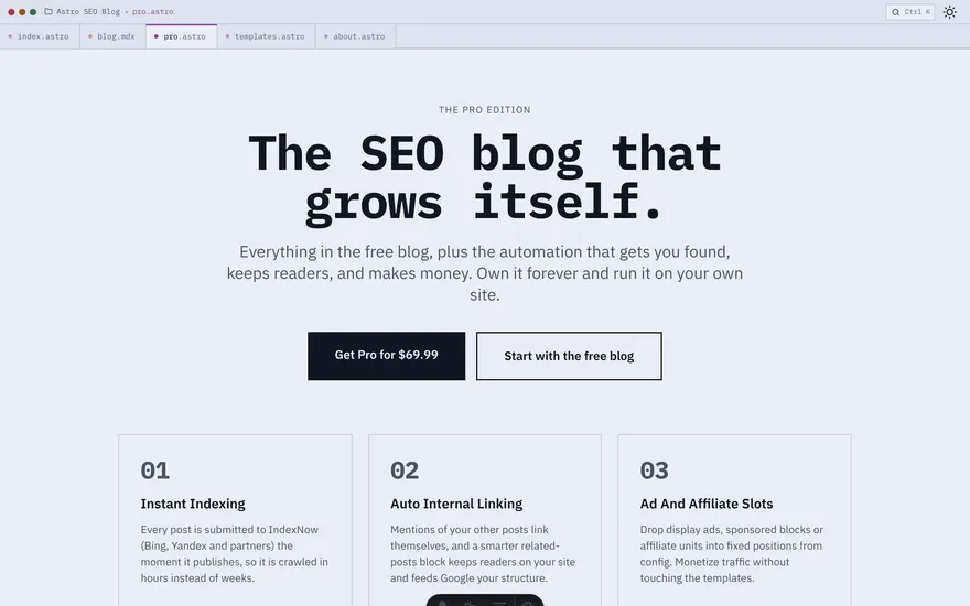 The Pro page under the Dark Tech template