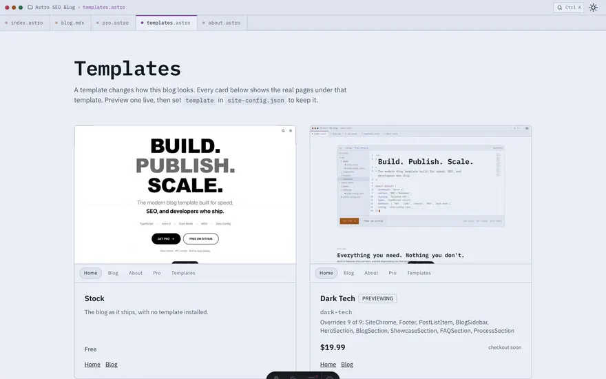The Templates page under the Dark Tech template