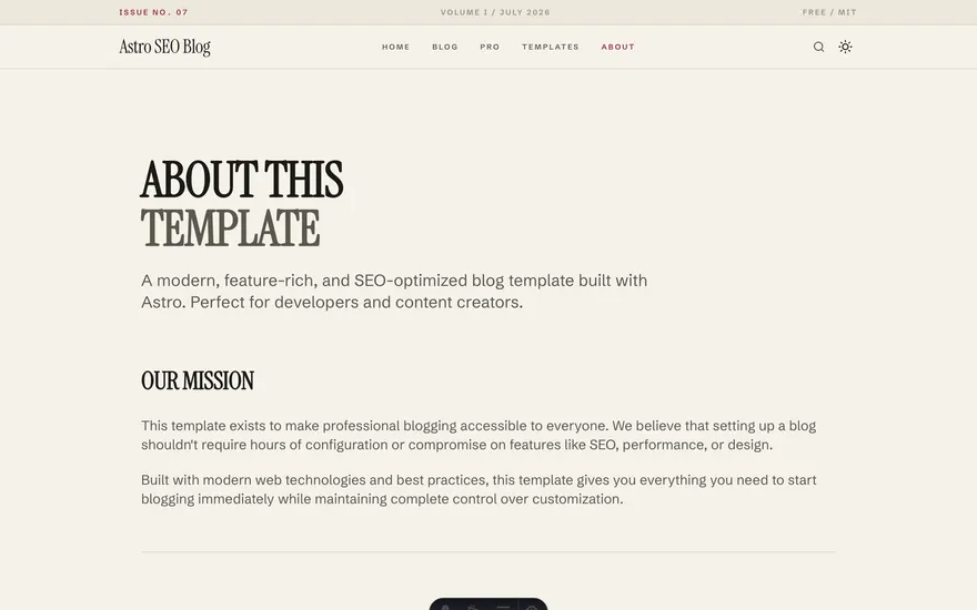 The About page under the Magazine template
