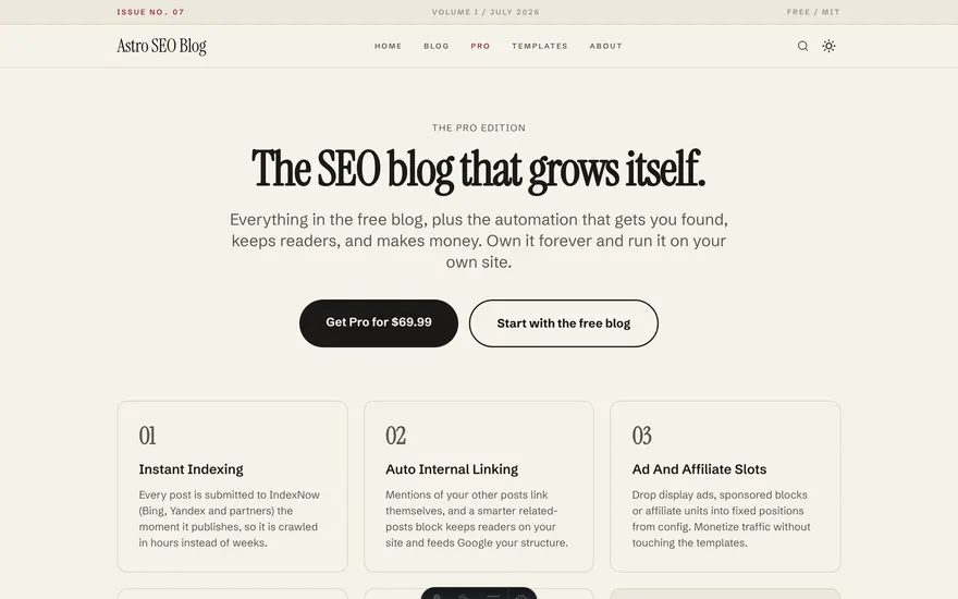 The Pro page under the Magazine template