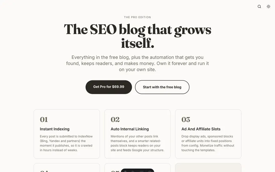 The Pro page under the Minimal template