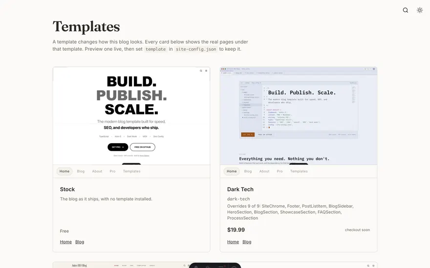 The Templates page under the Minimal template