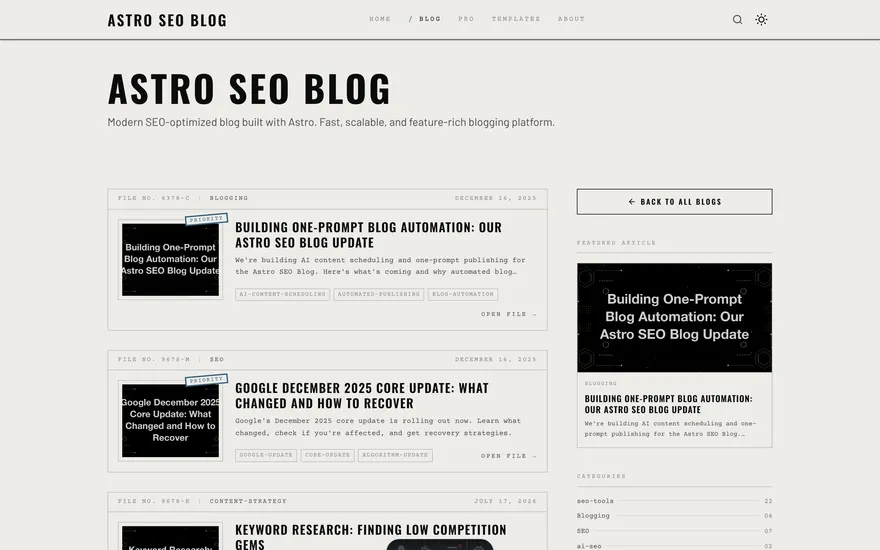 The Blog page under the Noir template