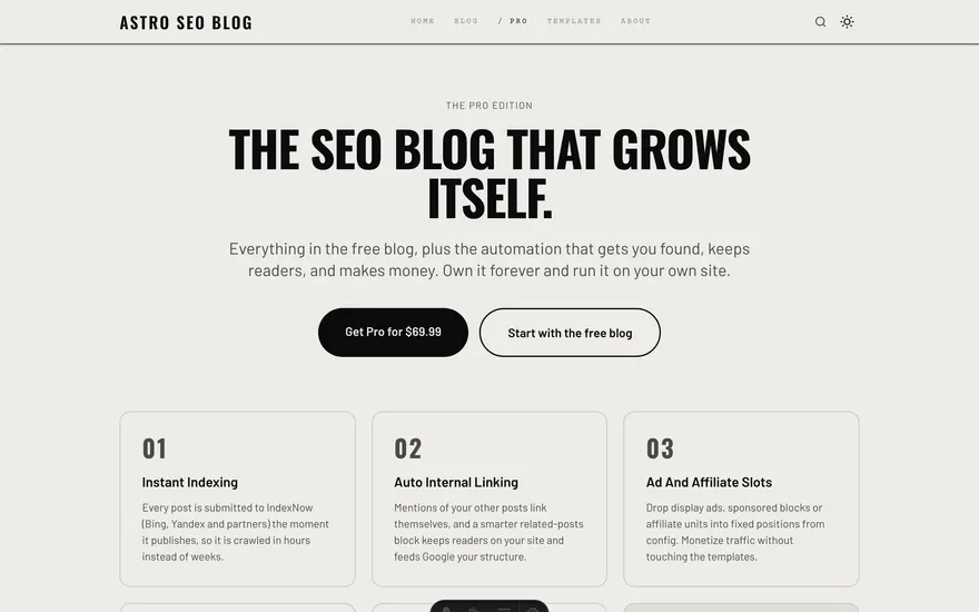 The Pro page under the Noir template
