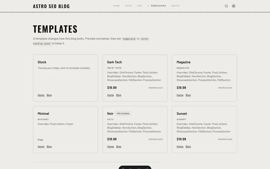 The Templates page under the Noir template