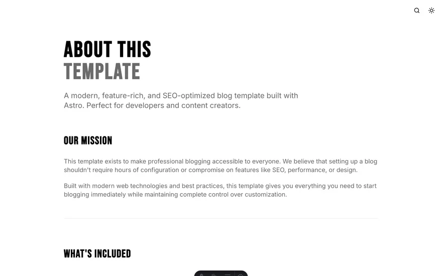 The About page under the Stock template