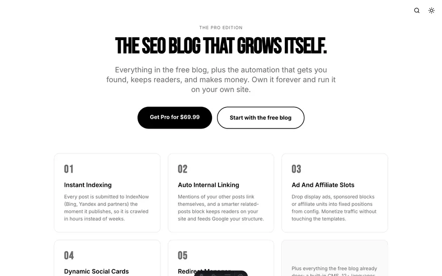 The Pro page under the Stock template