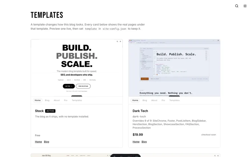 The Templates page under the Stock template