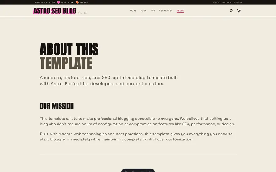The About page under the Sunset template