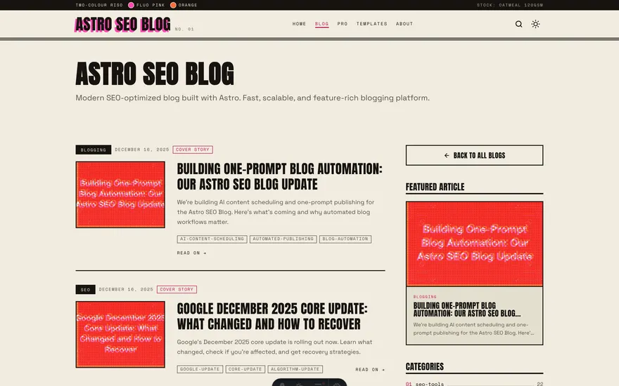 The Blog page under the Sunset template