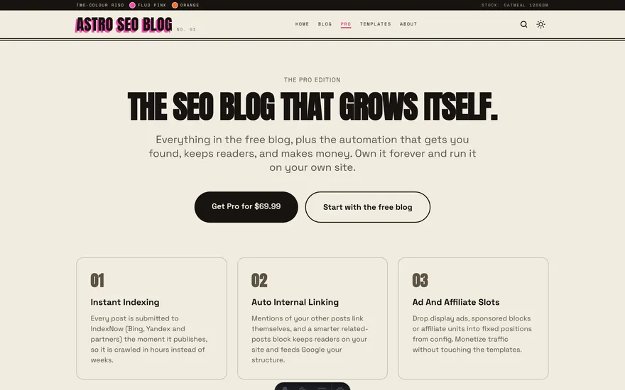 The Pro page under the Sunset template