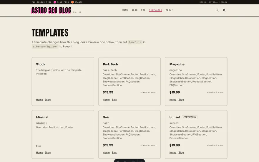 The Templates page under the Sunset template